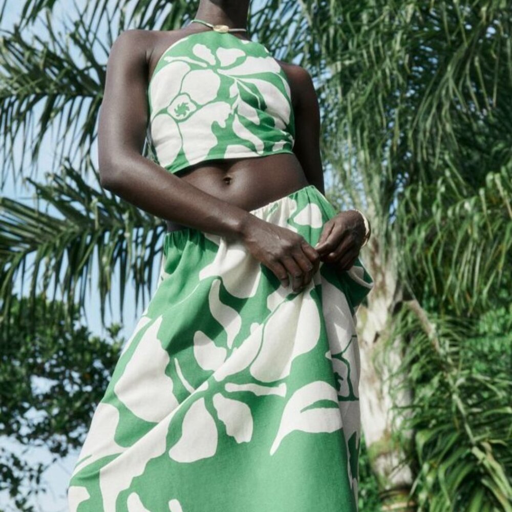 H&M Green Tropical Print Maxi Skirt Set